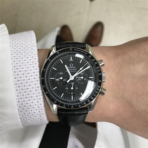 omega speedmaster black|Omega Speedmaster black leather strap.